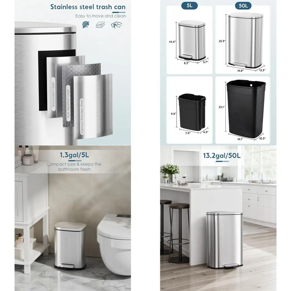 

Stainless Steel 13.2L Gallon Step Trash Can with Soft-Close Lid, Removable Plastic Bin, Fingerprint-Resistant, for Kitchen and H