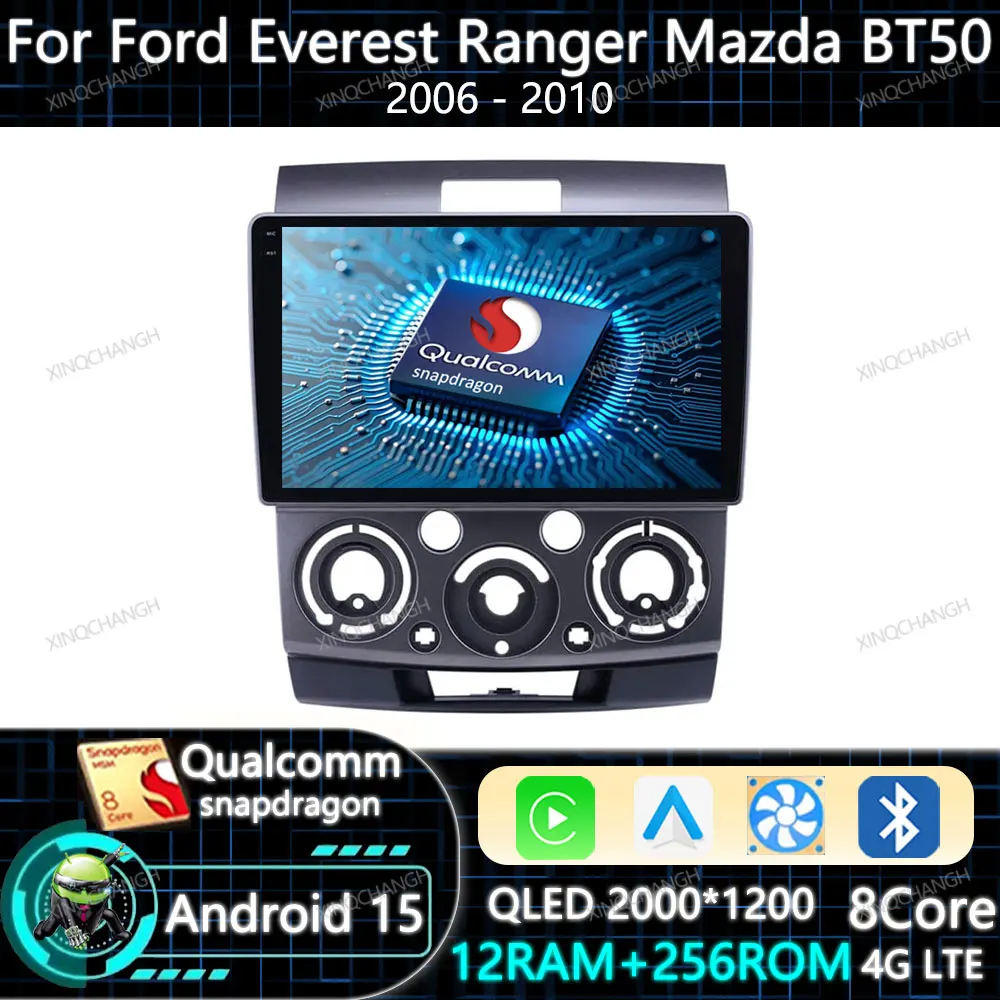 Autoradio Android 15 Carplay Auto pour Ford Everest Ranger Mazda BT50 BT-50 2006 - 2010 Unité principale 4G WIFI QLED GPS Qualcomm 2DIN