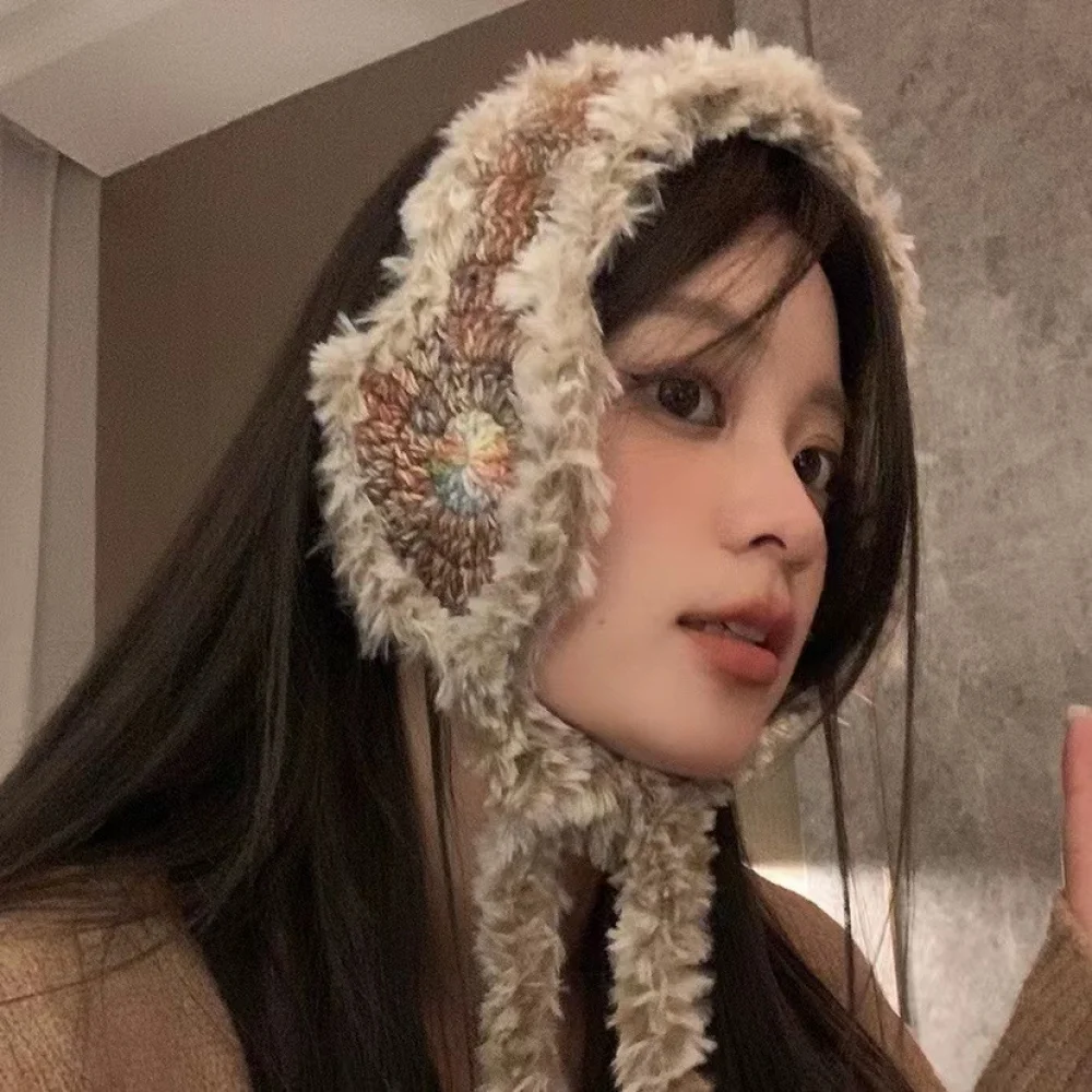 Knitted yarn earmuffs for women in winter, furry straps, thick and warm ear tips, anti freezing ear protectors, and ear covers