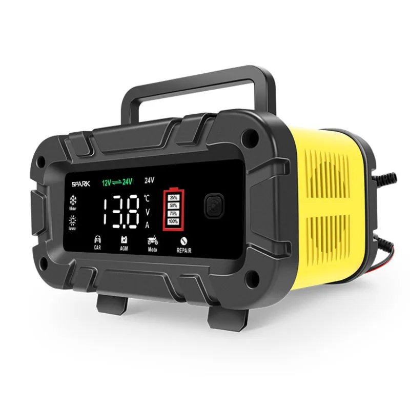 12V power adapter for car and motorcycle batteries, connection to battery terminals housing with ventilation holes, power cable