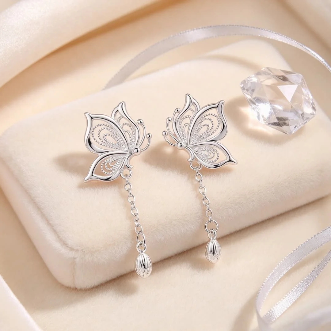 Wholesale 925 Sterling Silver vintage Tassel butterfly earrings stud for women fashion party Costume Jewelry Accessories Gifts