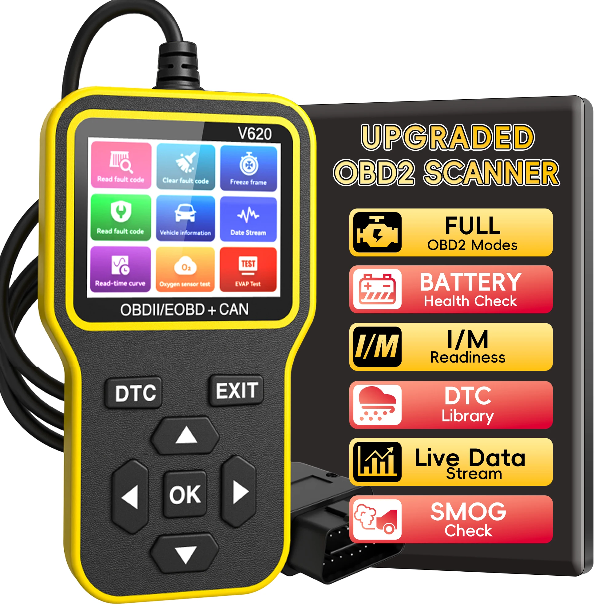 Car OBD2 Diagnostic Tools, Code Reader for Engine Check, Battery Testing, O2 Sensor and EVAP Leak Test, Annual Check Readiness