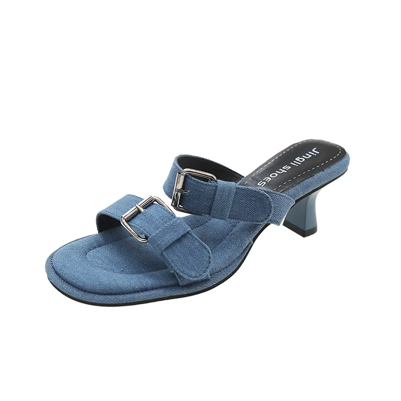 European and American Style Denim Belt Buckle Women Sandals with Open Toes and High-heeled Slippers Were Worn By Women.