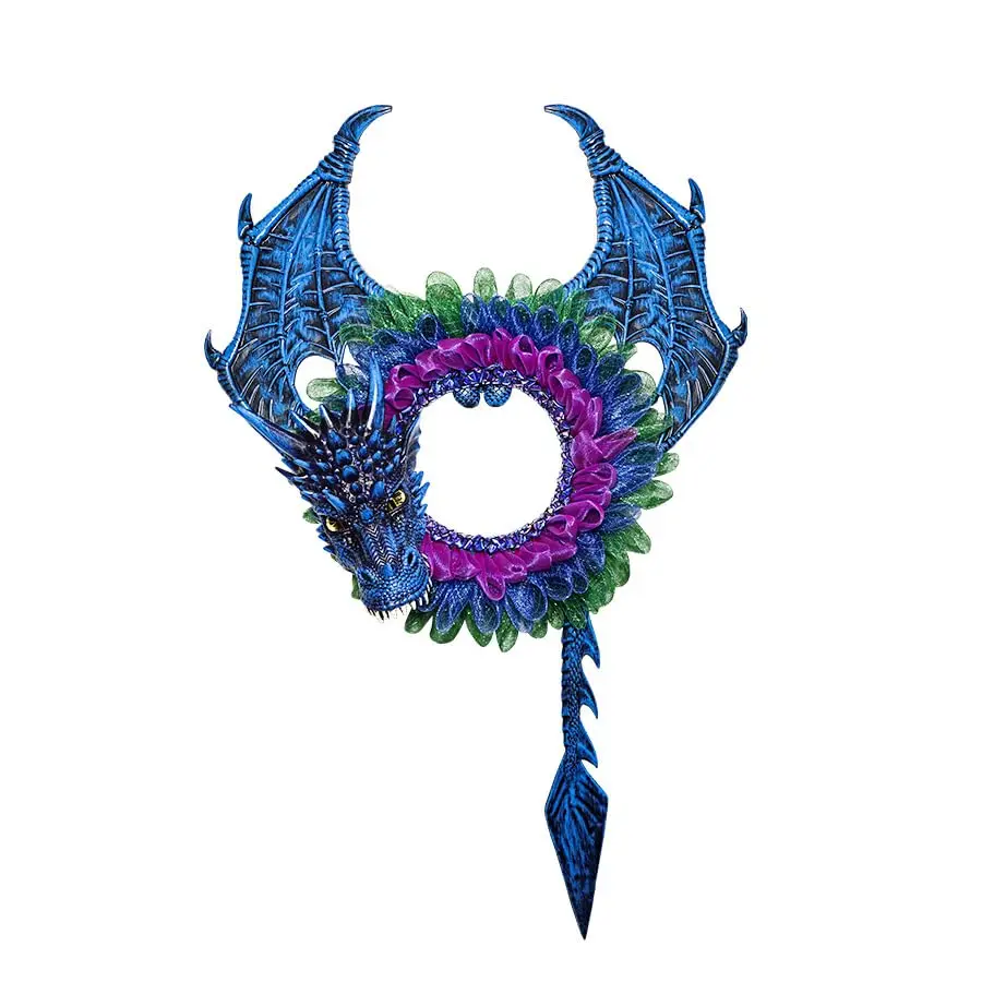 Hand-Made Dragon Wreath, Front Door Wreath with Blue Flying Dragon, 42.1 x 26.4 in Halloween Garland, Violet Green Fabric Wall