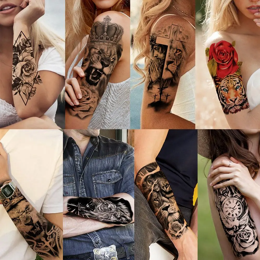 for Women Men Warrior Tiger Wolf Large Tribal Lion Fake  Stickers Temporary Tattoos Black  Sticker  Sleeve