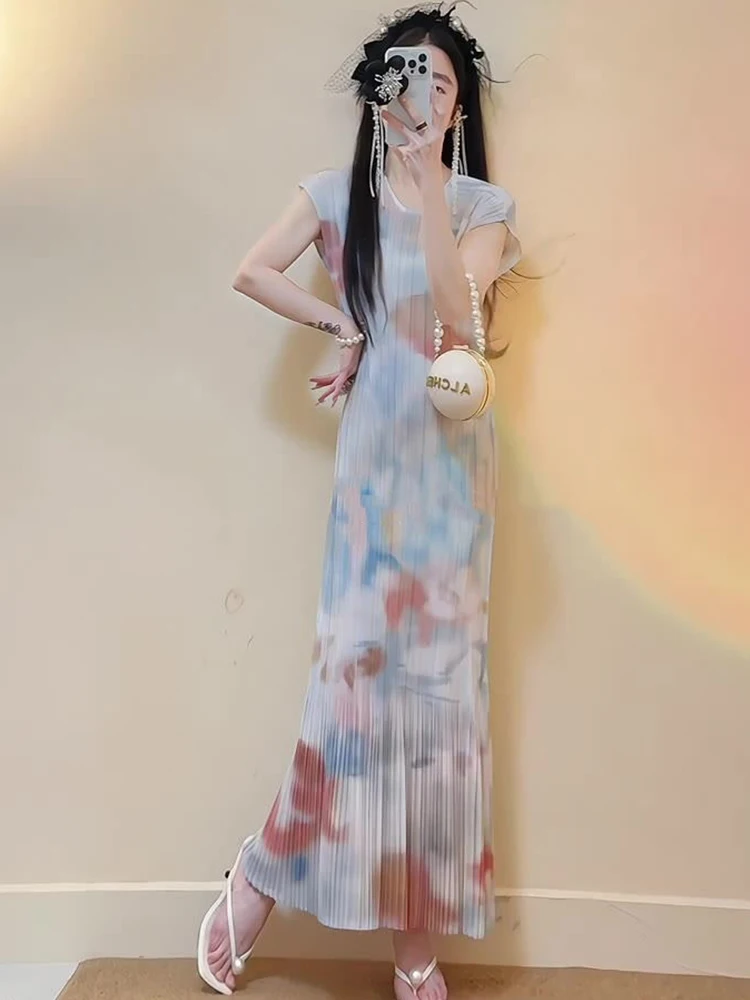 Summer  Style Oil Painting round Neck Short Sleeve Women's Dress Tailored Fit Bodycon Fish Tail Gored Skirt Dress