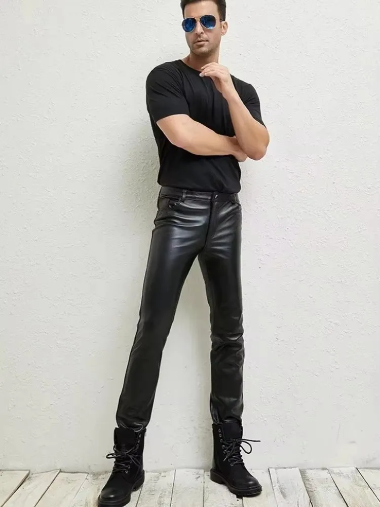 Mens Punk Style Slim Fit Genuine Leather Motorcycle Pants Personality Black Real Sheepskin Pencil Pants Male New Casual Trousers