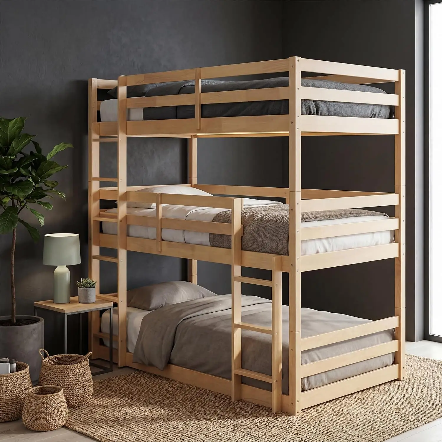 Solid Wood Triple Bunk Bed, Twin Over Twin Over Twin, 2 Ladders, Detachable, Guardrails, Heavy-Duty Wood Frame Customized