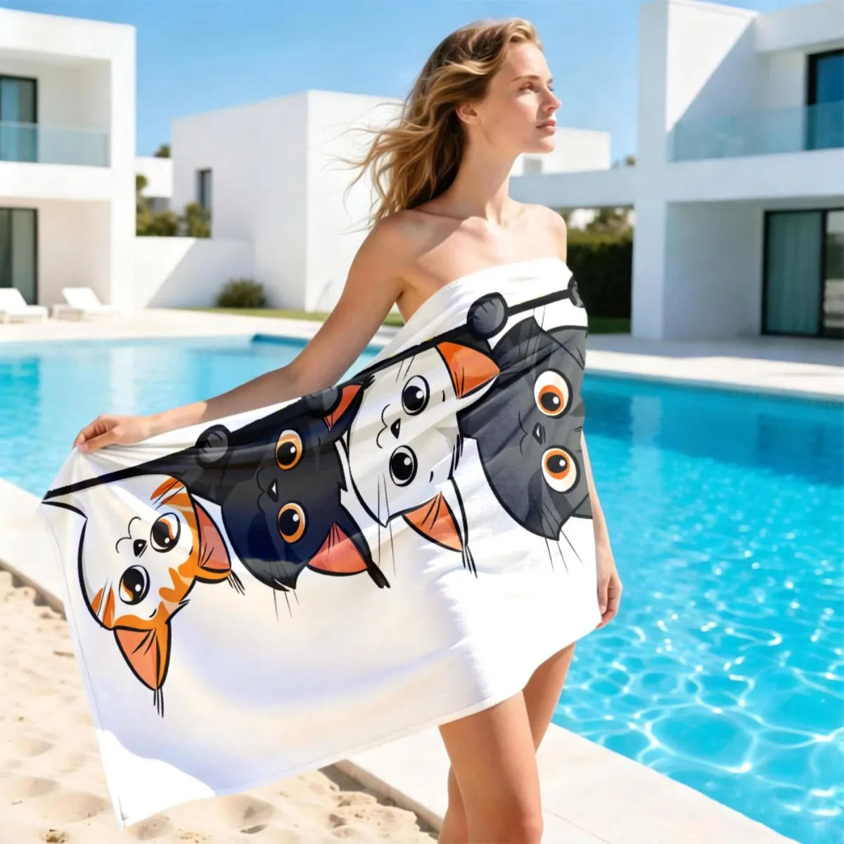 Cute Peeking Cats Oversized Beach Towel Patterned Sunscreen And Windproof Suitable For Swimming Pool Camping Travel Blanket