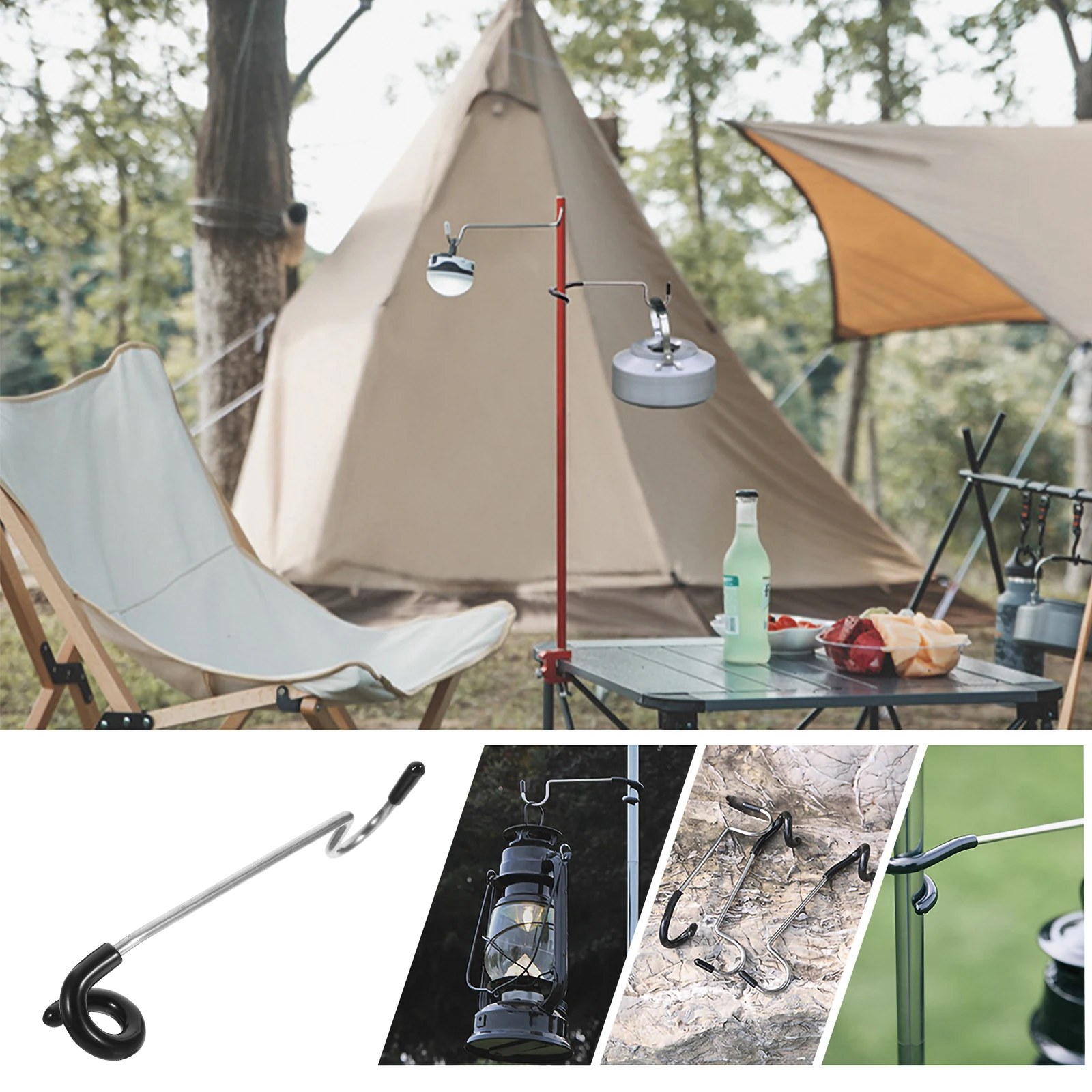 

3Pcs Stainless Steel Hooks Anti-Skid Rubber Sleeve Easy Install Remove Camping Light Hangers Camping Light Hooks