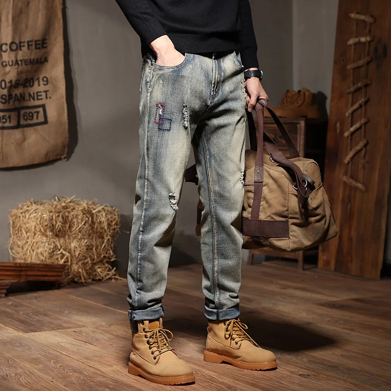 New autumn and winter models Retro nostalgic jeans men Fashionable large size ripped jeans men's style Large size 28-44