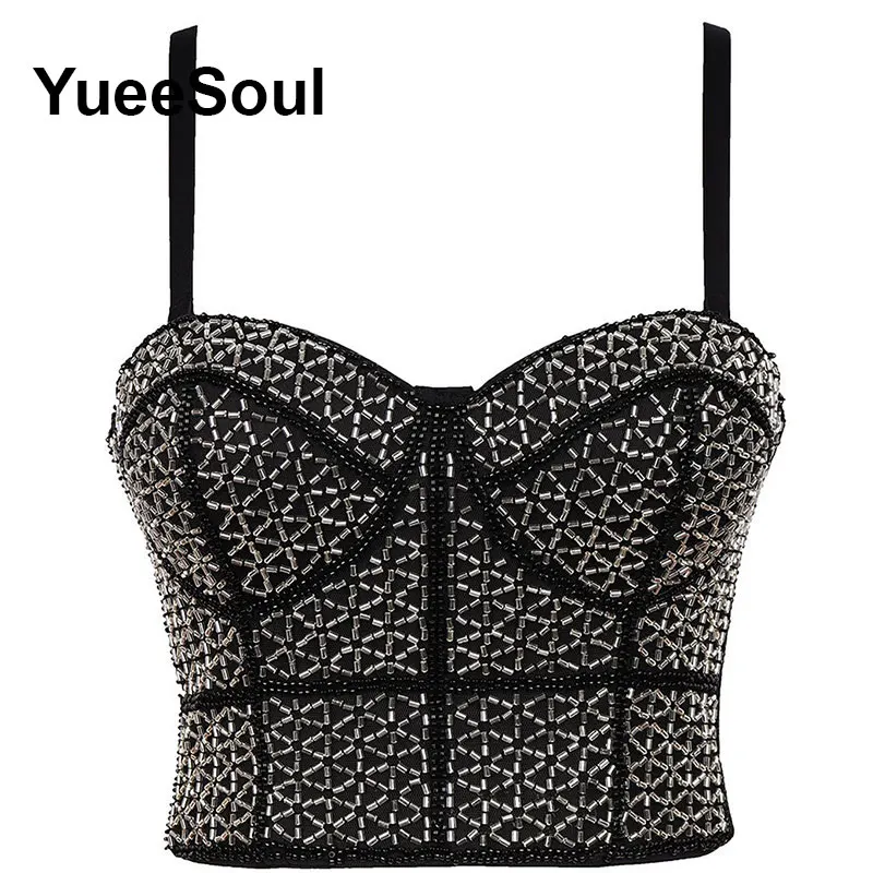 Tops negros Y2K con lentejuelas y diamantes de imitación blancos, Top corto ajustado con borlas, Top gótico para fiesta, Club, boda, calle alta, corsé Sexy, camisola