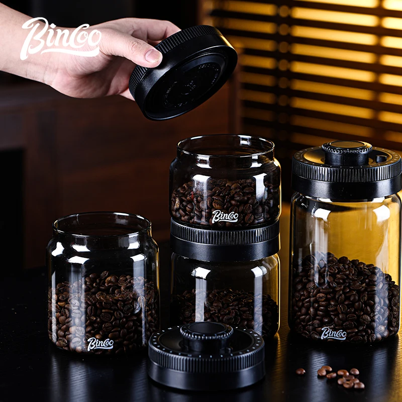 BINCOO Smoky Gray Vacuum Glass Coffee Sealed Jar, High Borosilicate Glass Storage Can with Date Tracker, ABS Lid Airtight Moistu