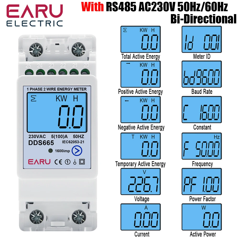 Multifunction 230V 100A Bi-Directional Energy Meter Reset Zero Kwh Solar PV Power Voltage Current Frequency RS485 Communication