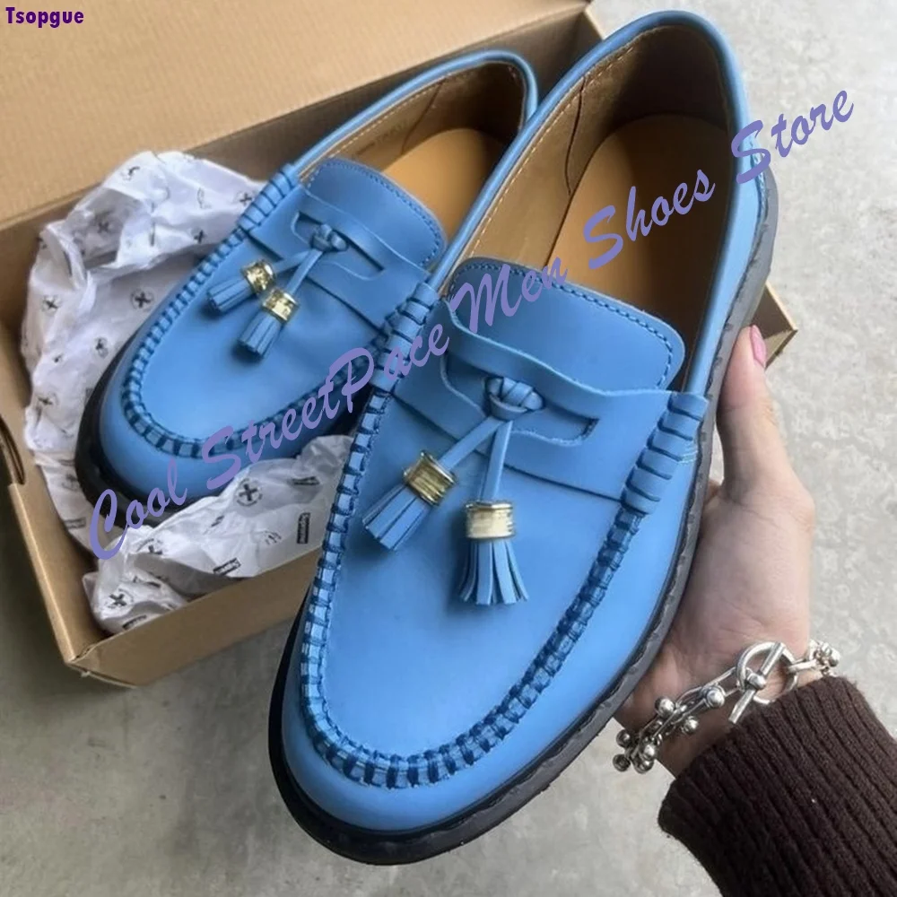 Sky Blue Tassel Decor Platform Loafers Men Round Toe Slip On Stitched Edge Leather Casual Flat Walking Casual Daily Flat Shoes