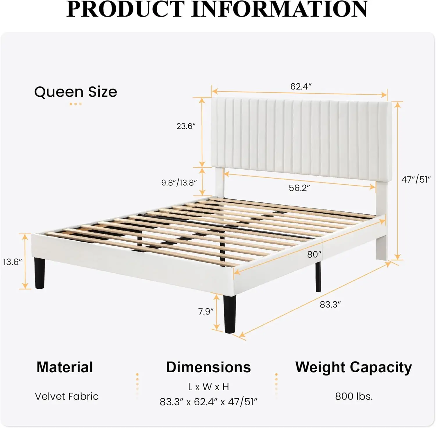 SHA CERLIN Queen Upholstered Platform Bed Frame with Vertical Channel Tufted Velvet Fabric Adjustable Headboard