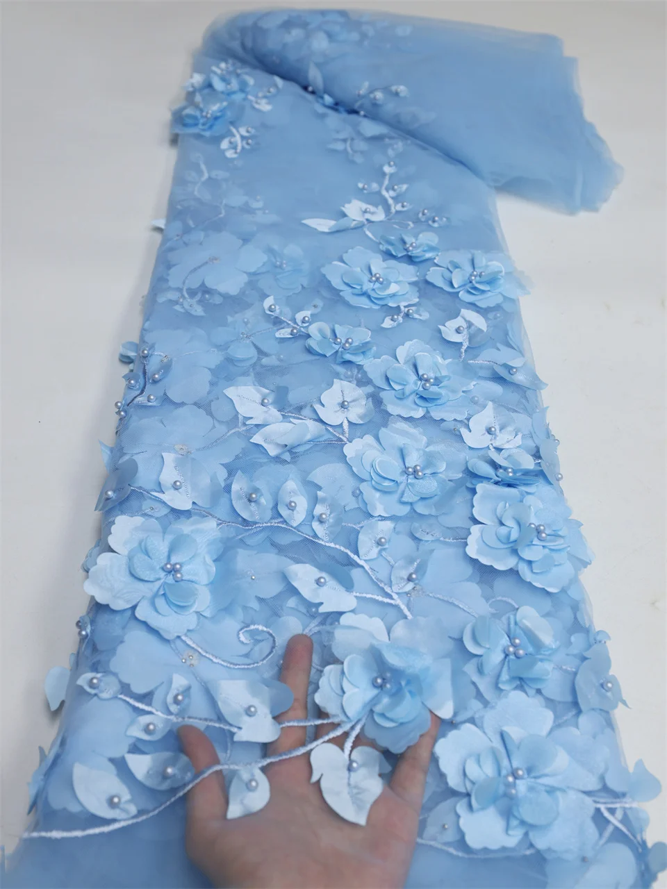 2024 Blue 3D Flower Lace Fabric With Pearls High Quality French Embroidery Tulle African Fabric For Wedding Party Dress Sewing