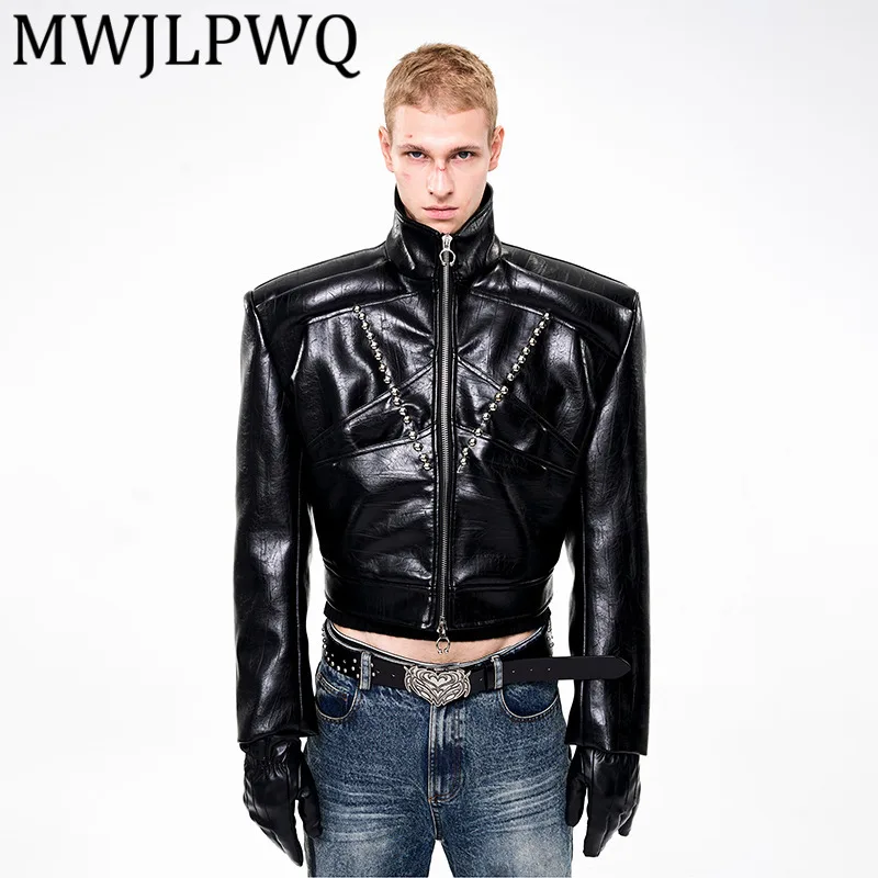 

MWJLPWQ черная мужская кожаная куртка с коротким воротником-стойкой, структурный дизайн, зимняя утолщенная уличная модная повседневная куртка 12286