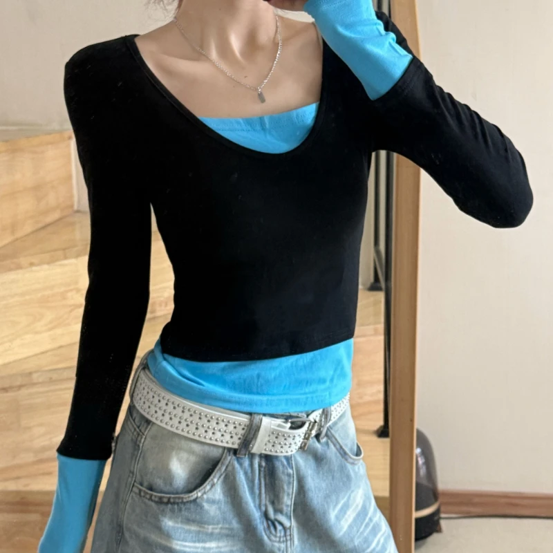 

Новинка ранней осени: женская футболка с V-образным вырезом, в стиле колор-блок, имитация двухслойного дизайна, облегающая, базовая, для слойинга, с эффектом стройности