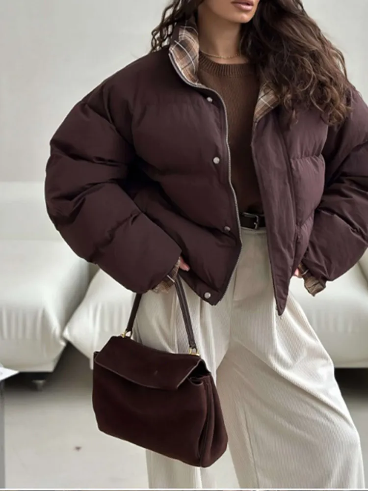 Vintage Burgundy Reversible Stand Collar Thick Jacket Women Long Sleeve Zipper Lattice Lining Coat  New Winter Lady Warm Outwear