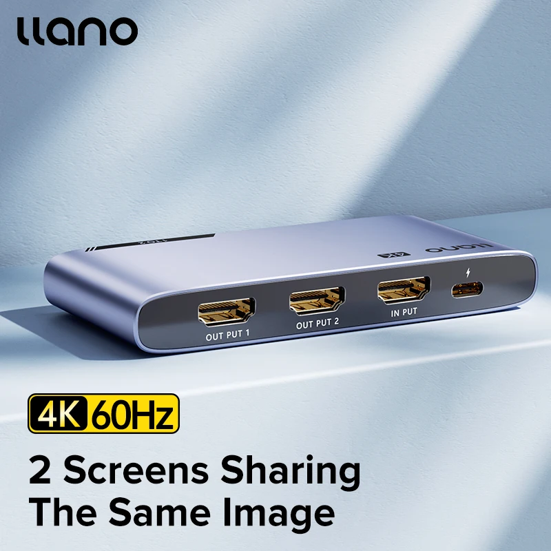 llano HDMI Splitter 1 in 2 Out, 4K HDMI Splitter for Dual Monitors Duplicate/Mirror Only, 1x2 HDMI Splitter 1 to 2 Amplifier