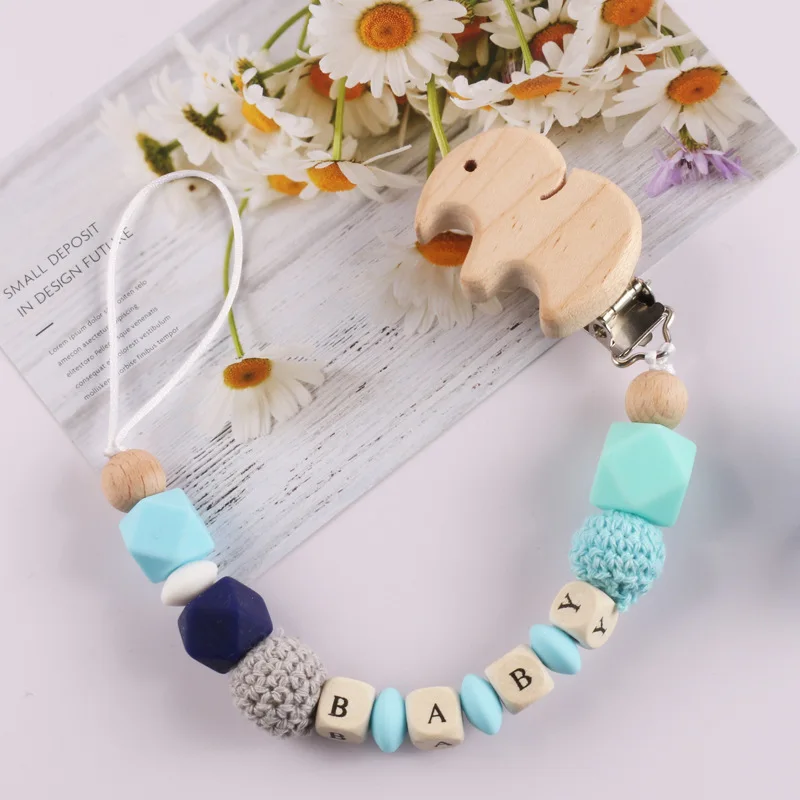 Baby Pacifier Clips Personalized Name Elephant Beech Wood Dummy Nipple Holder Clip Chain Silicone Teethers Newborn Teething Toys