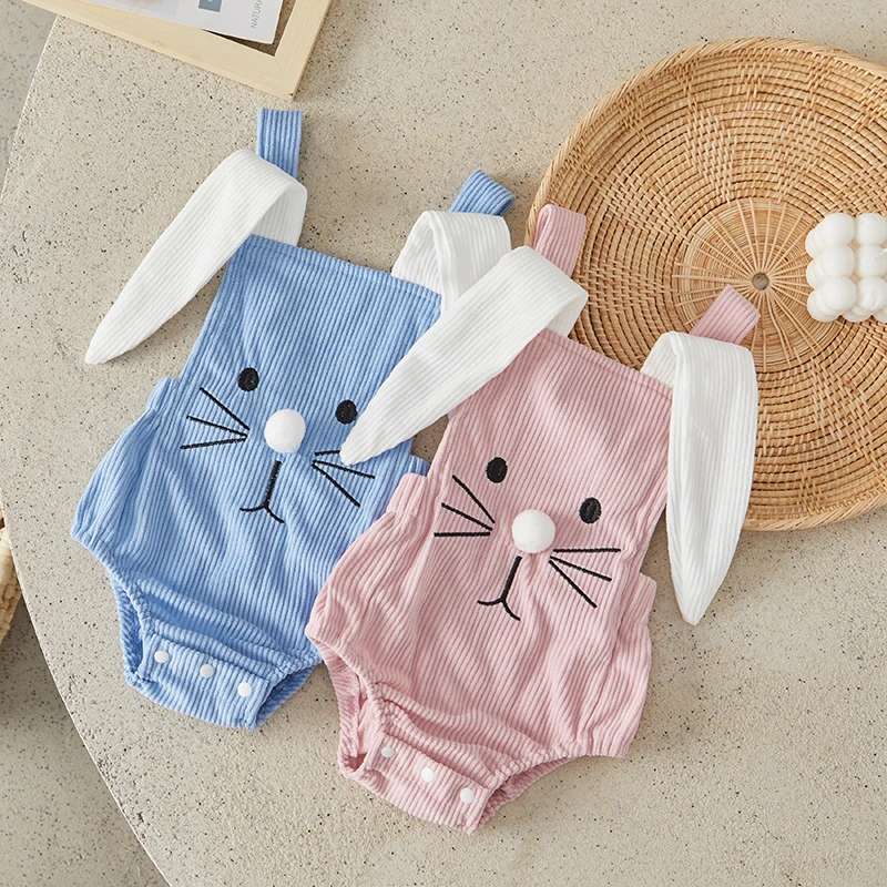 

Suefunskry Baby Girls Boys Rompers Rabbit Embroidery Bunny Ears Straps Sleeveless Bodysuits Summer Casual Easter Clothes