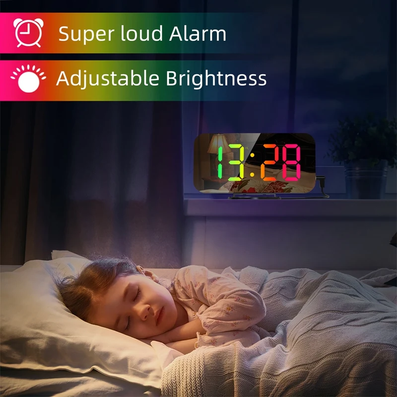 A22R-Digital Alarm Clock RGB Colorful Large Screen Display Smart Mirror Alarm Clock Date Display For Room Decoration