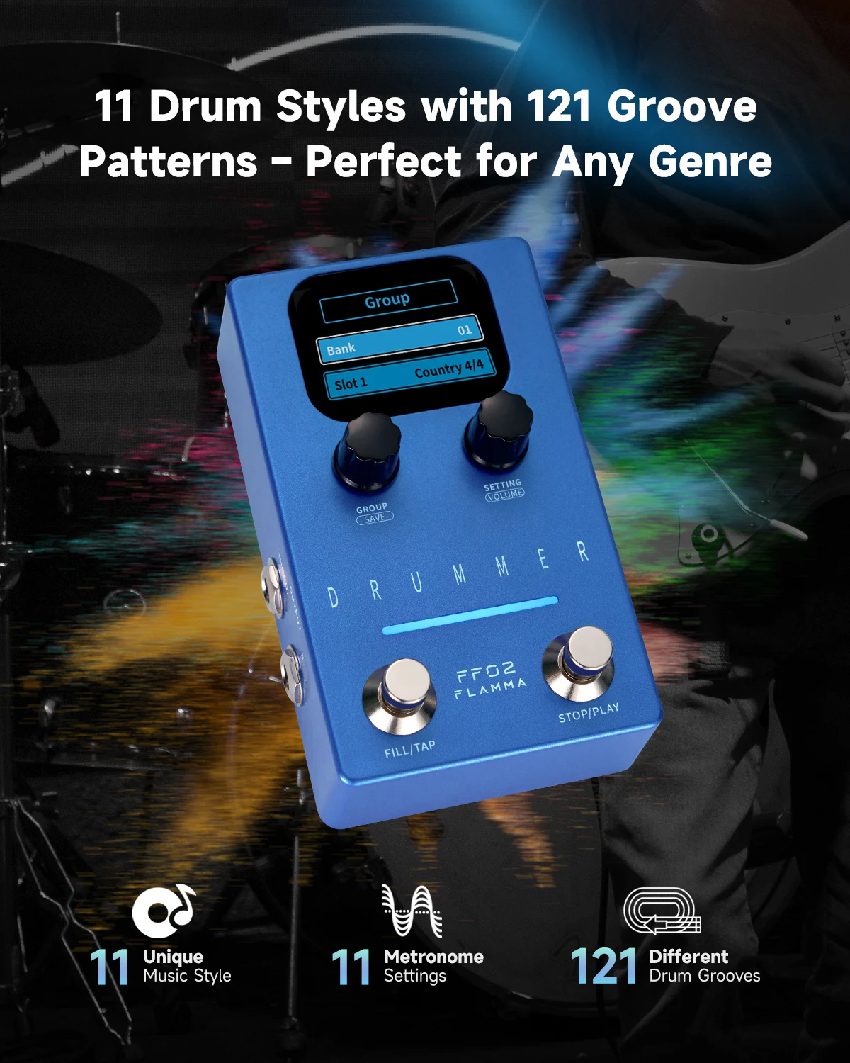 FLAMMA FF02 Pedal de efectos de máquina de tambor de guitarra 11 efectos de ranura de tambor 66 ranuras preestablecidas función de relleno y Tempo de grifo