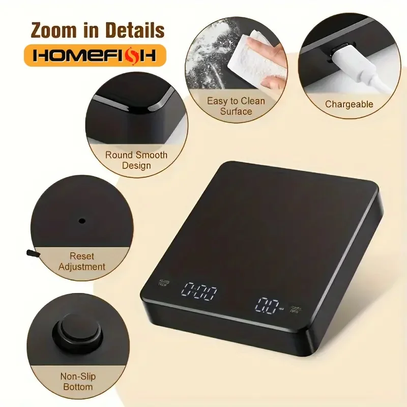 

KC2 USB Digital Rechargeable Coffee Scale with Timer LED Screen Espresso 0.1g to 3kg High Accuracy Measuring Kitchen Scale