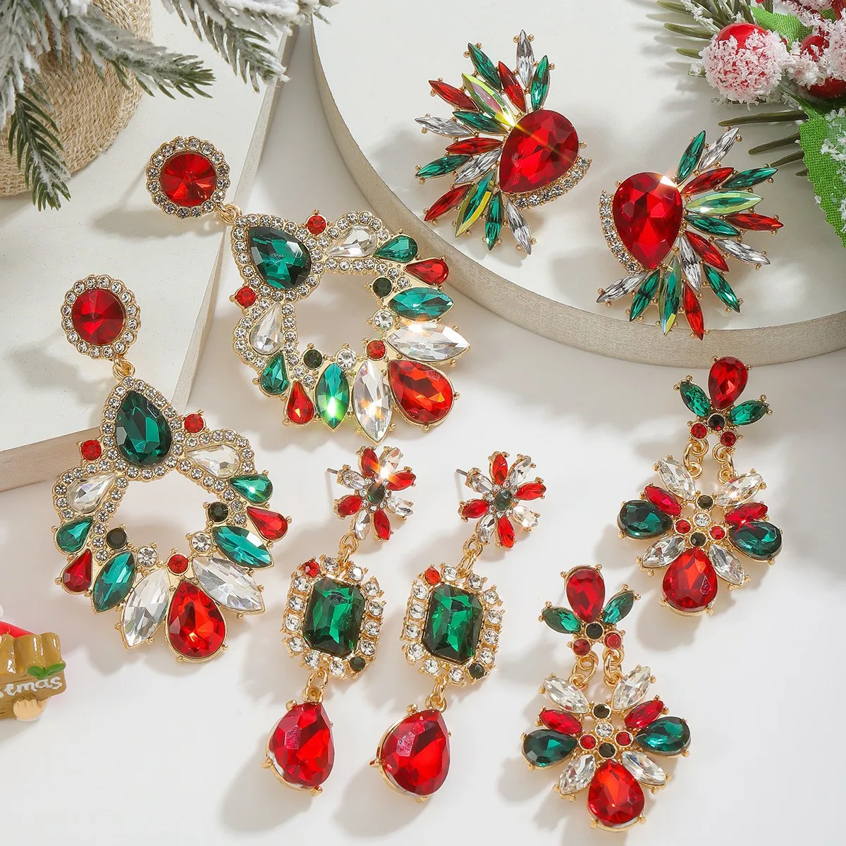 أقراط عيد الميلاد الفاخرة للنساء، أقراط متدلية أنيقة على شكل زهرة/أجنحة من حجر الراين، هدية مجوهرات عصرية لامعة للعطلات #1