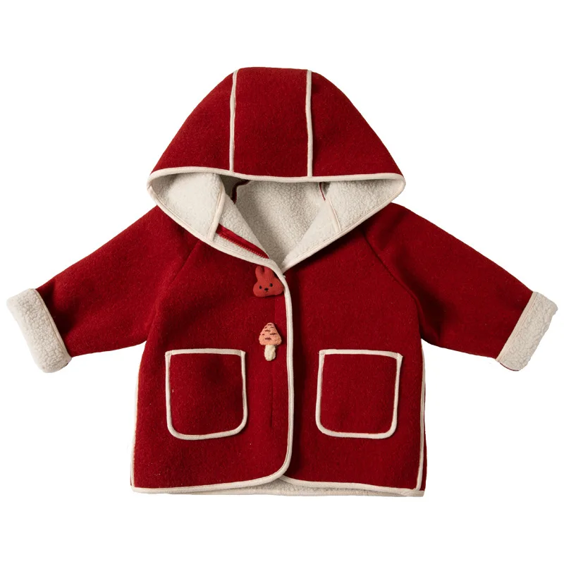 

Girls' Winter Plus Velvet Coat 2024 New Children's Solid Color Hooded Padded Medium-long Woolen Coat