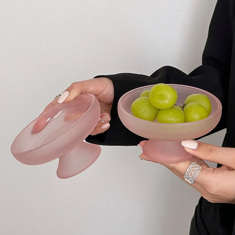 New High Beauty Fruit Plates Frosted Powder Glacier Glass High Foot Plate Candy Snack Plate Fruit Plates Dim Sum Dessert Plates