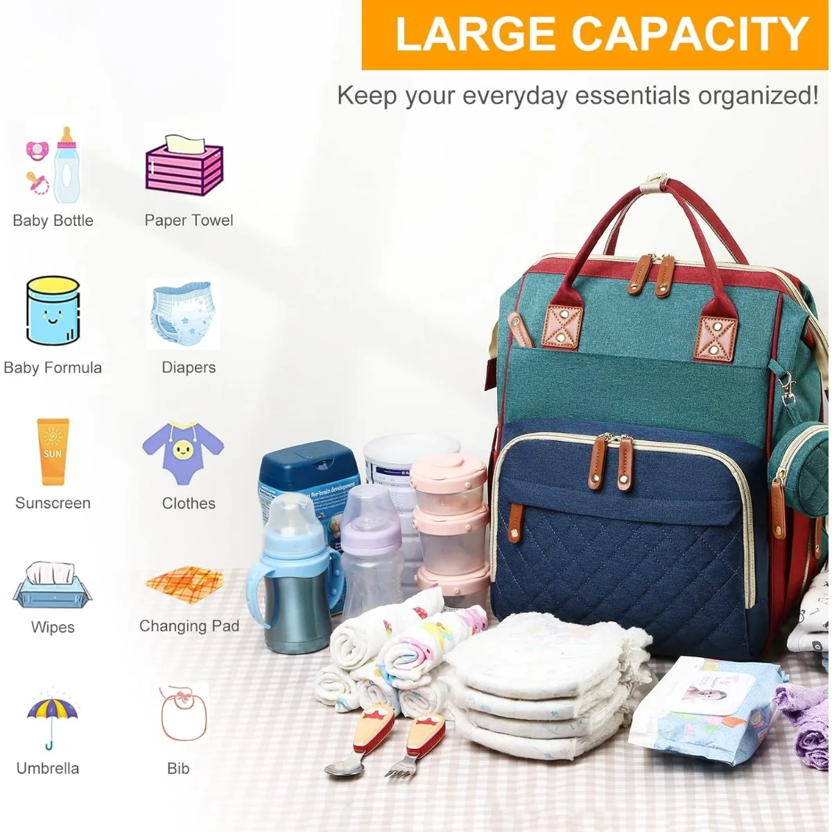 Diaper Bag Changing Station 3 in 1 Baby Diaper Backpack Foldable Changing Pad, Large Travel Back Pack Girl Boy
