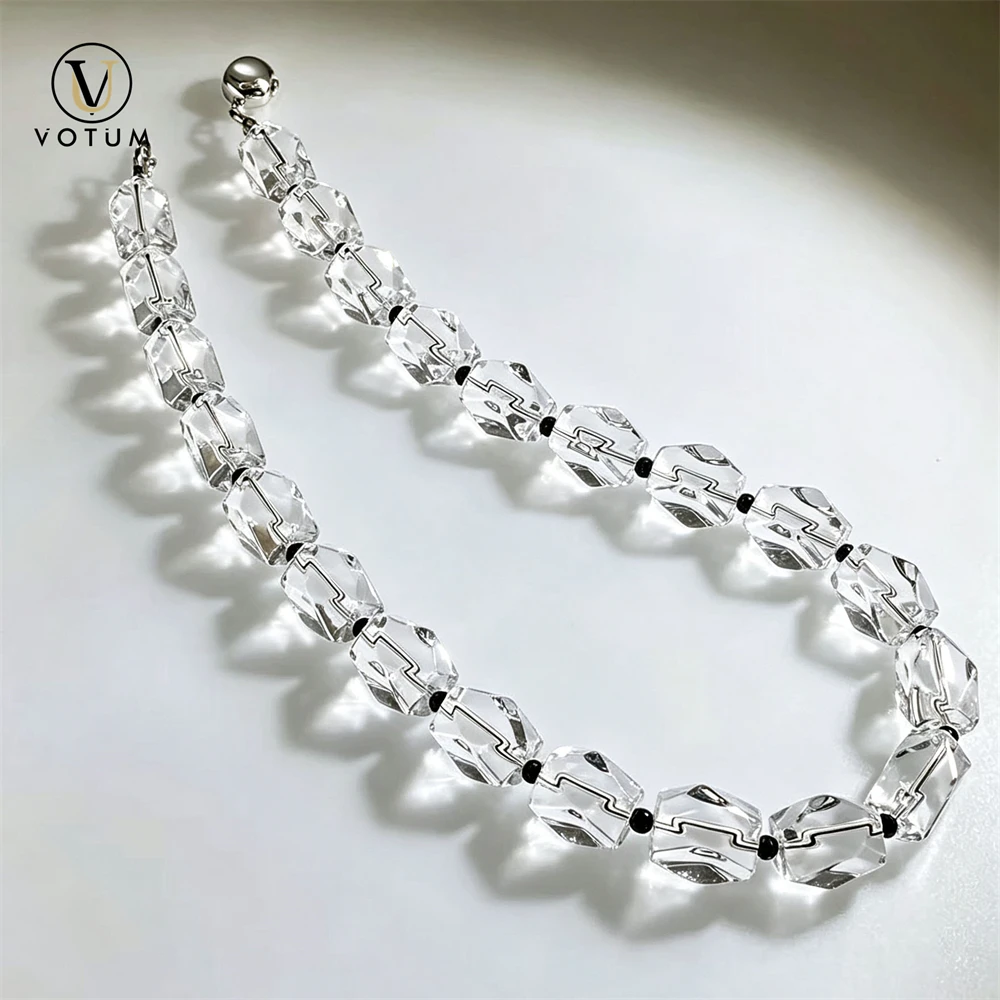 Votum Natural Faceted Clear Quartz Beaded Choker Necklace for Women White Crystal Healing Black Agate Beads Necklaces Jewelry