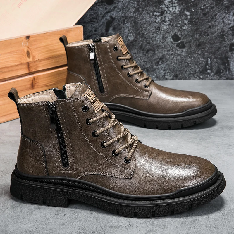 

Winter New Men Velvet Warm Outdoor Wear Resistant Leather Boots High Quality Comfortable Side Zipper Anti Slip Middle Top Boots