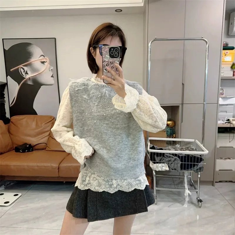 

Women's Wool Sweater Vest Japanese Style Handmade Beading Flower Knitted Autumn Winter Women's Pullovers Two Pieces Set N510