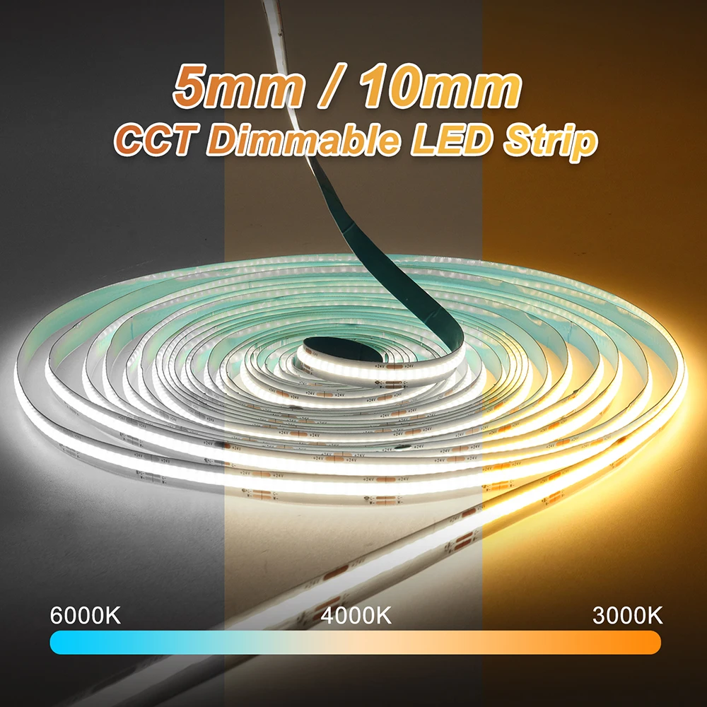 

2700K-6500K Dimmable LED Strip Light 5mm 10mm CCT COB LED Strip Bicolor High Density Flexible Led Tape DC12V 24V 1-10m CCT Strip