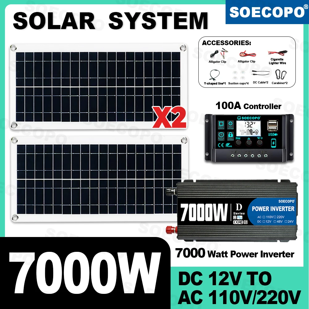 

SOECOPO 7000 Вт Полный комплект солнечной системы 2 * солнечные панели Инвертор для кемпинга DC 12 В - Инвертор переменного тока 110 В/220 В Контроллер 100 А для дома