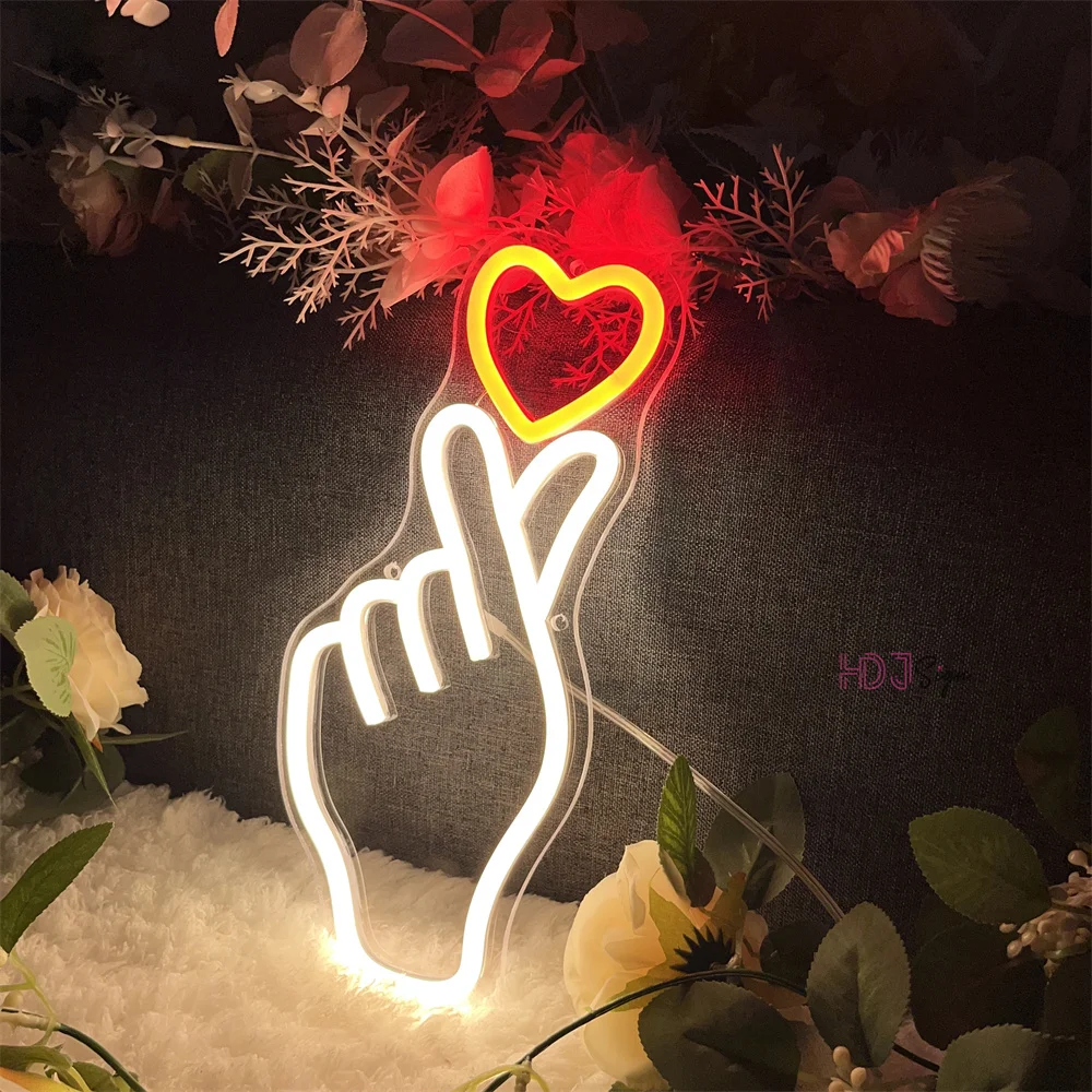 Hand Heart Gesture Neon Sign Bedroom Wall Decor Room Wedding Decoration Sign Love Led Neon Lights Lamps for Birthday Gifts