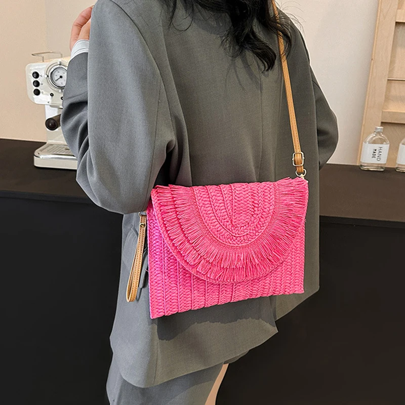 Straw Handmade Weave Clutch Bag Solid Color Pouch Purse Female Summer Flap Bohe Beach Wallets Crossbody Bag image 2