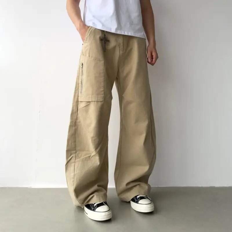 Men's Minimalist Solid Color Casual Pants Retro Bottom Boys Wide Legs Thin Sweatpants Male High Waist Loose Trousers