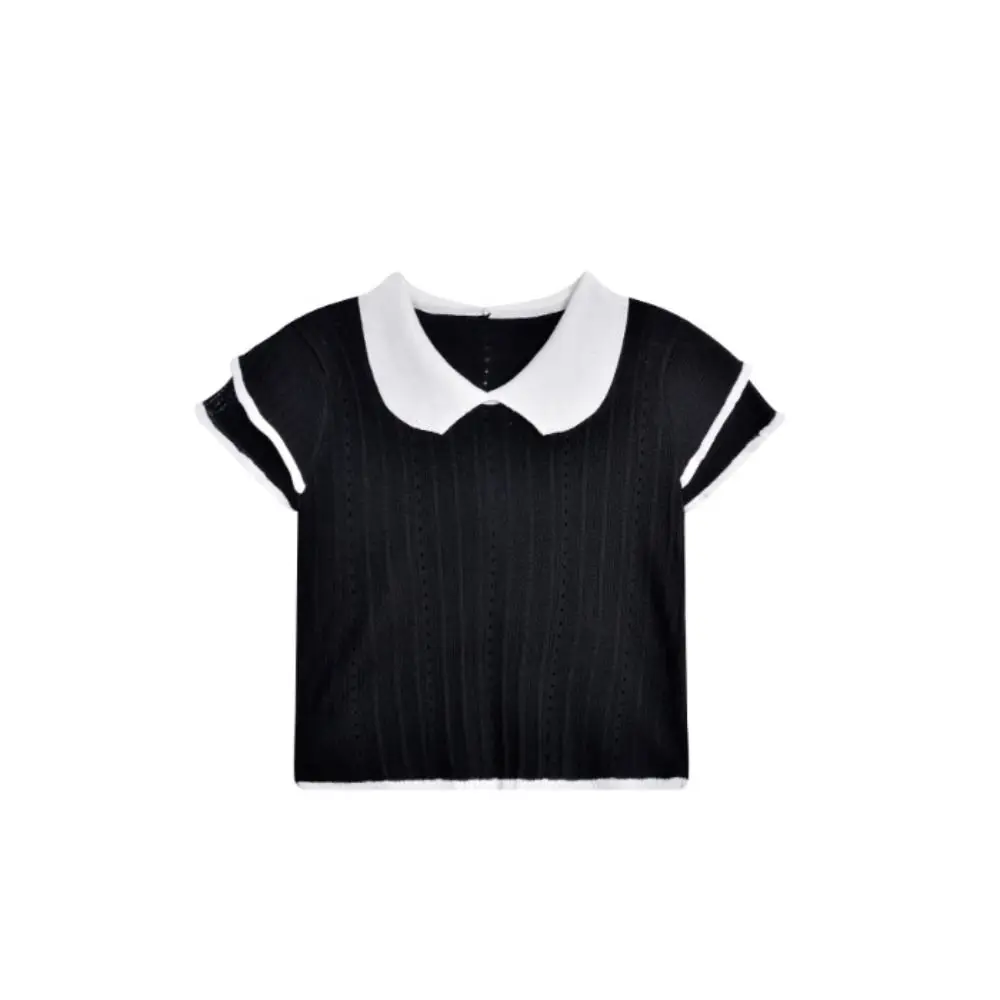 

Вязаный укороченный топ с воротником с рюшами, ажурными вставками и короткими рукавами в стиле «Sweet Girl» для пляжного отдыха