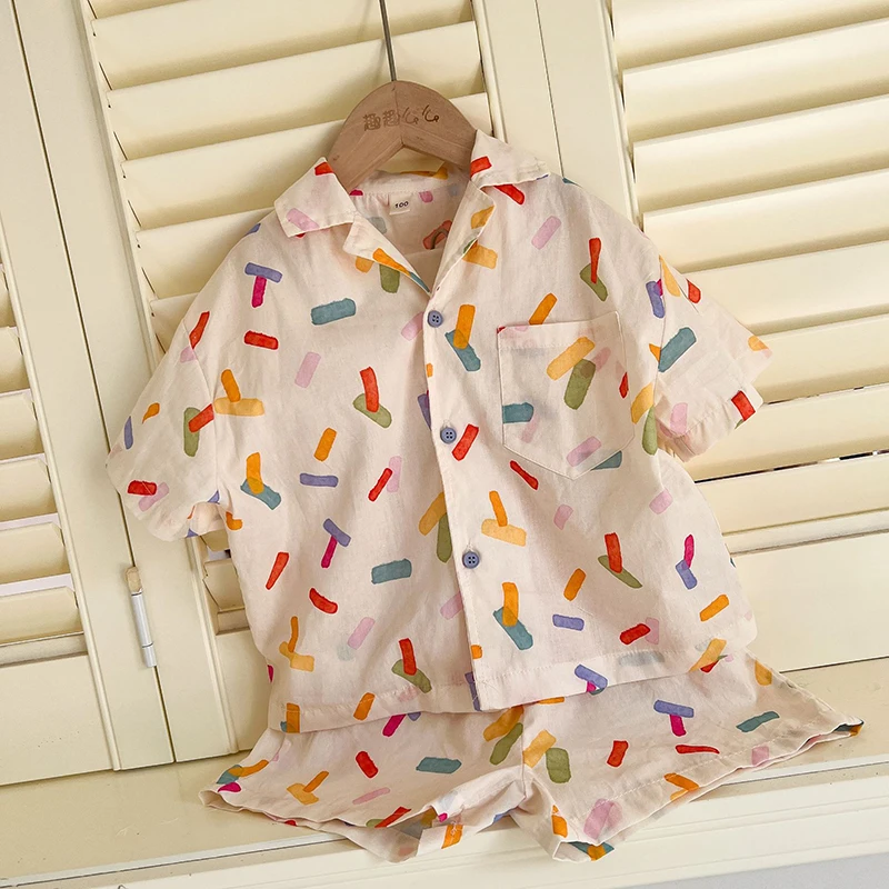 2026 Brother Sister\'s Clothing Outfit for 1-10Y Boys\' Lapel Shirt Shorts 2pcs Girls Colorful Print Shirt Dress Siblings Suit