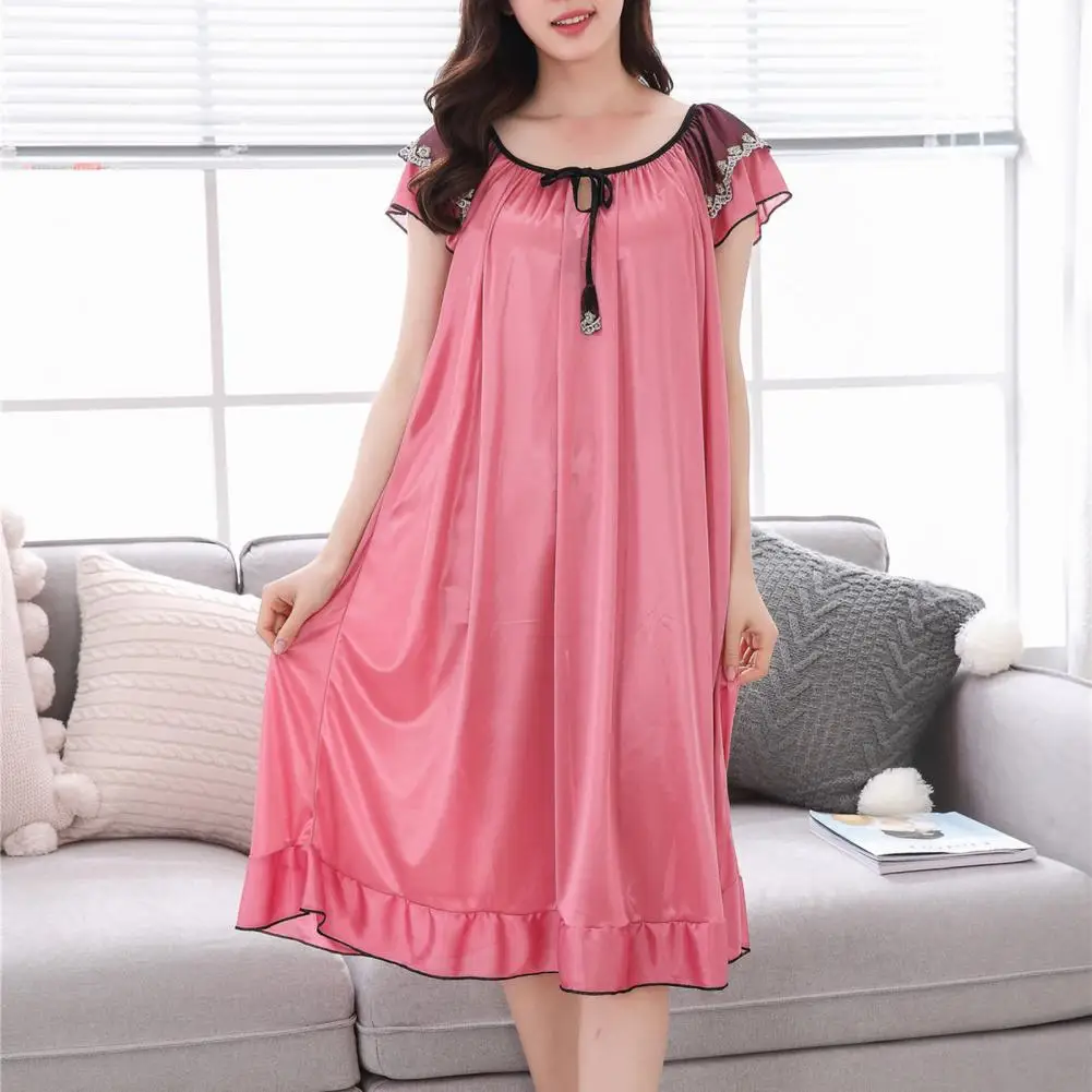 Lace-up Women Pajama Dress Faux Satin Front Hollow Ruffle Hem Nightdress Loose Fit Short Sleeve Night Dress Lady Nightgown