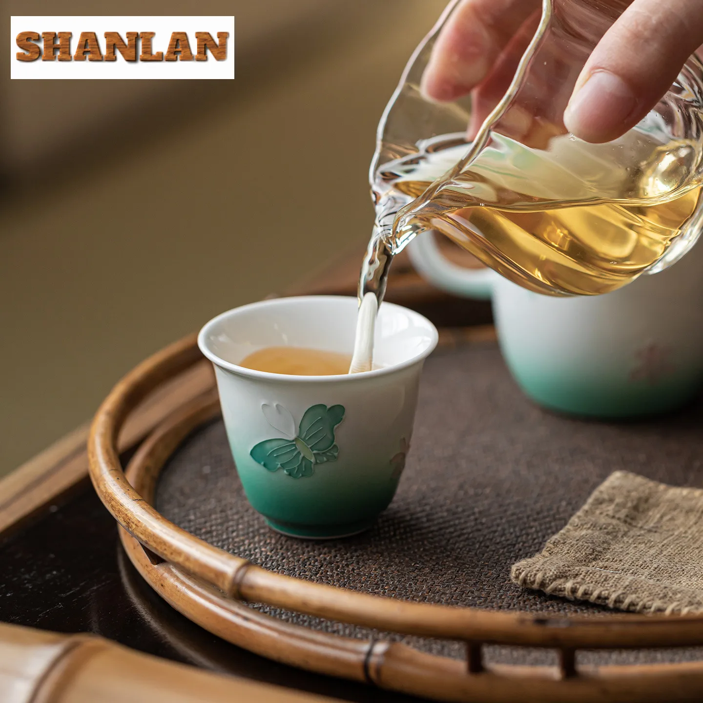 2 قطعة/الوحدة النعناع الأخضر كومة اللوحة فراشة فنجان الشاي الرجعية وعاء الشاي القدح الشاي تذوق التأمل كوب Chazhan ماستر أكواب الشاي 45 مللي #2