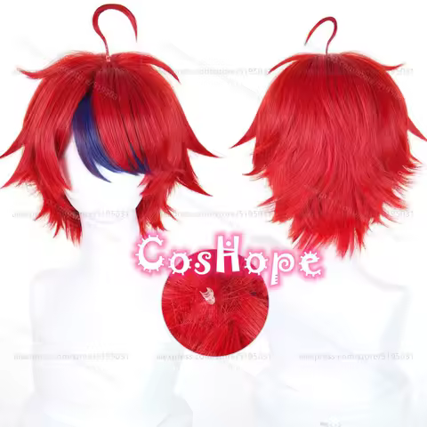 Sumino Takumi Cosplay Wig 33cm Fluffy Red Blue Mixed Wig Anime Heat Resistant Synthetic Wig for Halloween Carnival Party Costume