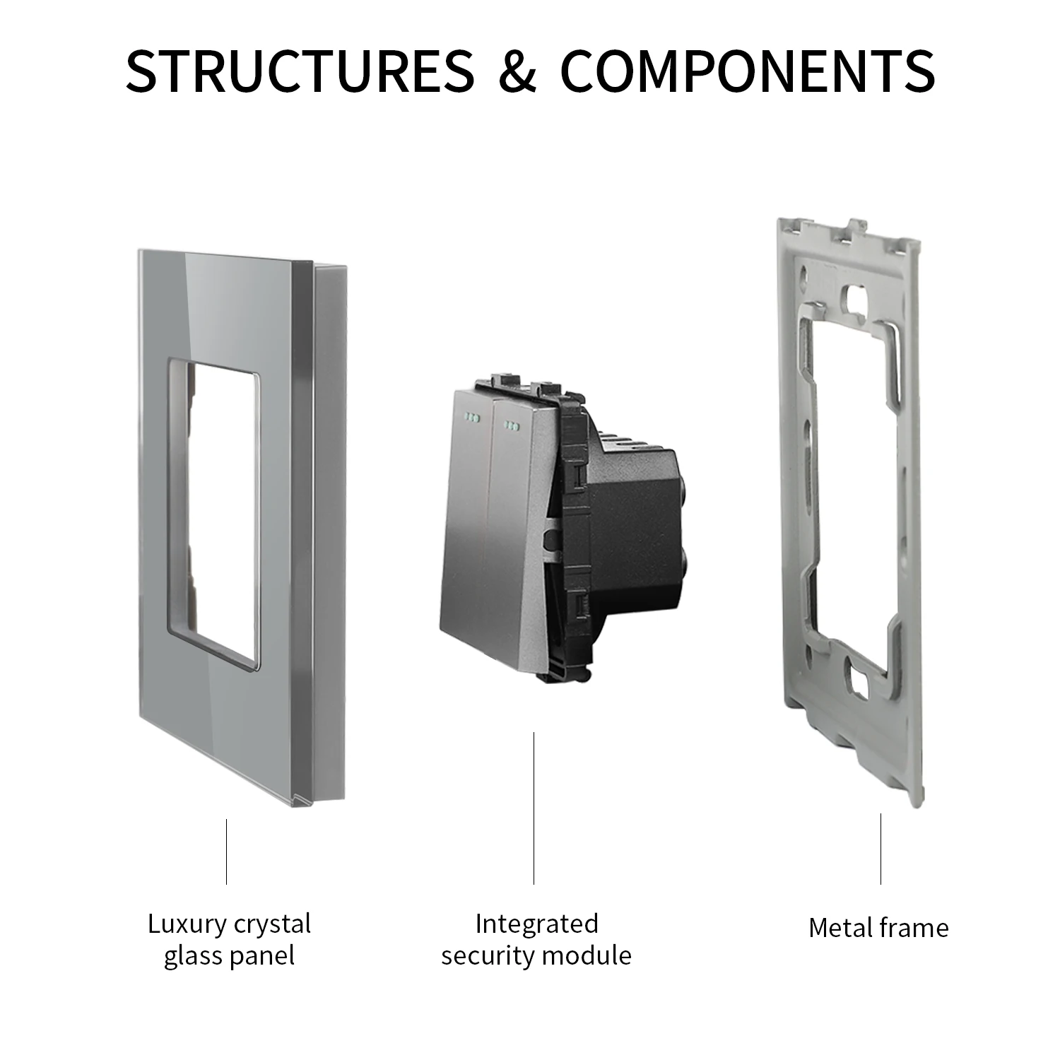 Light Switch LED Indicator gray Crystal Glass Panel 1/2/3Gang Wall Push Button switch EU Socket With Switch 250V