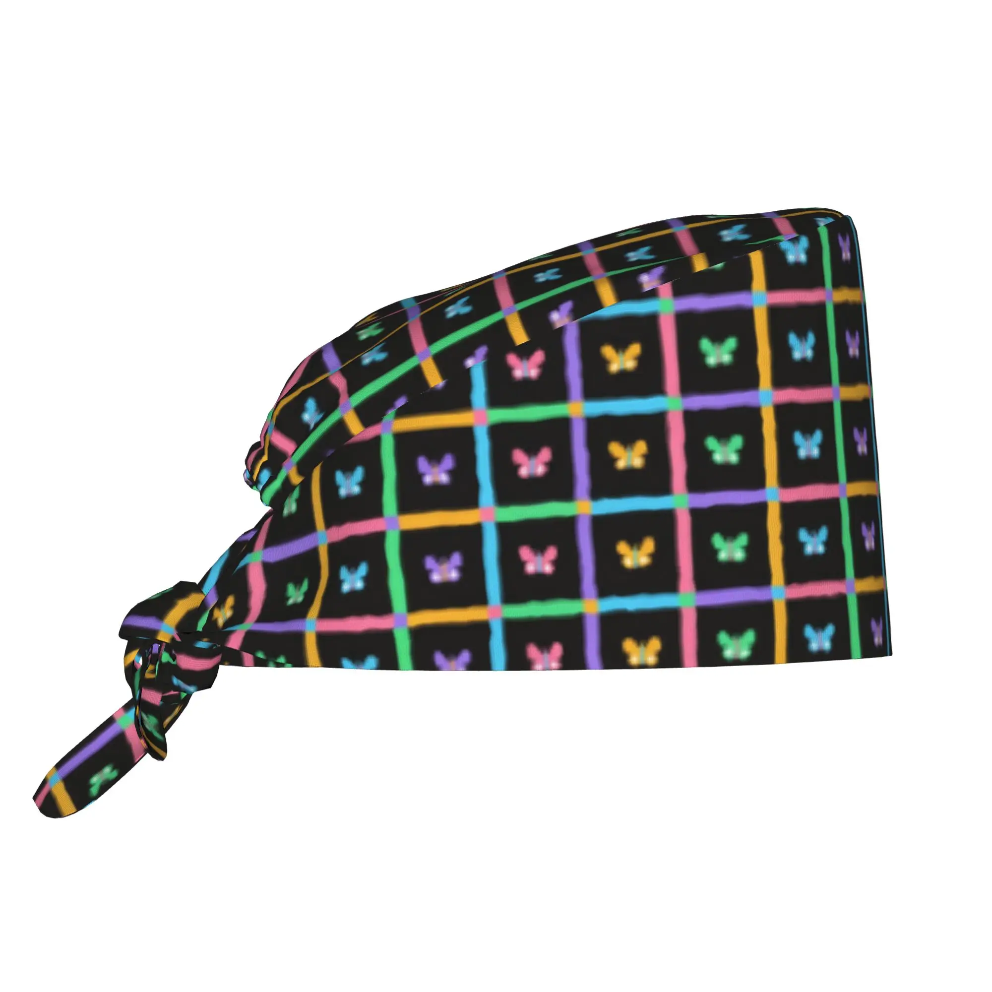 Checkered Plaid Colourful Square Butterfly  Cleaning Working Cap Cool Unisex  Scrub Cap Surgicals Hat Nurse Scrubs Hat Nurse