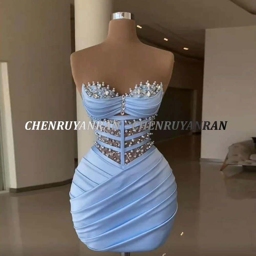 Vestidos de Coquetel Azul Céu feminino, miçangas queridinhas bainha, mini vestido formal de noite, cetim plissado, vestido elegante para festa de casamento, 2022